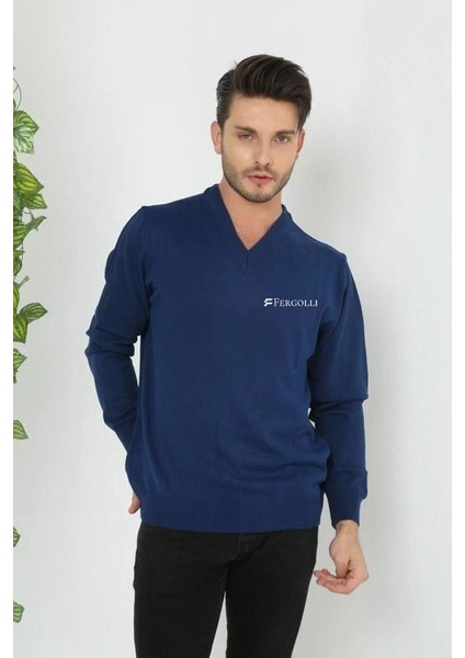 Baskılı V Yaka Uzun Kol Dokuma Triko - Indigo -Vlmr