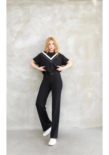 Osy Modal Yumuşak Dokulu Kumaş Bisiklet Yaka Parçalı Detaylı Kısa Kollu Takım - Siyah -Vlmr fiyatları