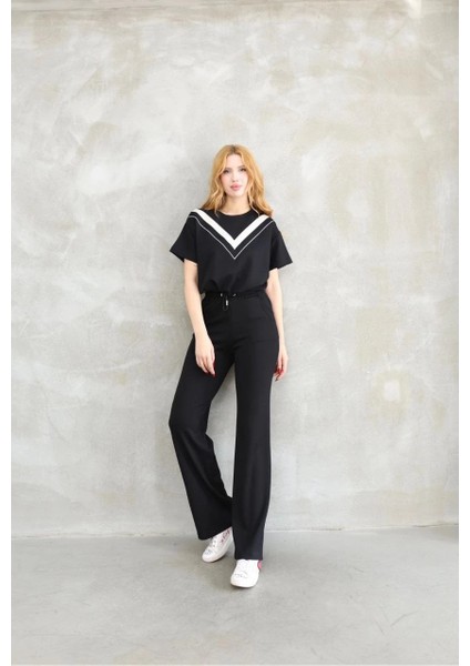 Osy Modal Yumuşak Dokulu Kumaş Bisiklet Yaka Parçalı Detaylı Kısa Kollu Takım - Siyah -Vlmr modelleri