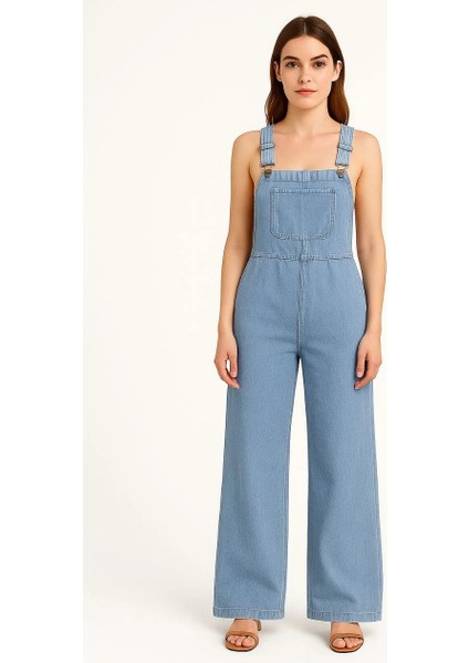 Kadın Chambray Açık Mavi Denim Görünümlü Geniş Paça Salopet Tulum - Mavi -Vlmr
