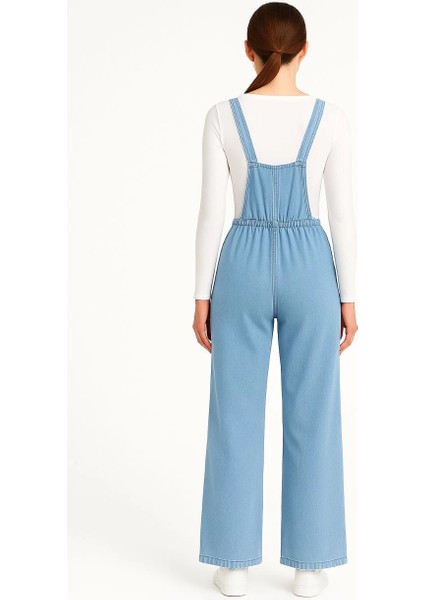 Kadın Chambray Açık Mavi Denim Görünümlü Geniş Paça Salopet Tulum - Mavi -Vlmr fiyatları