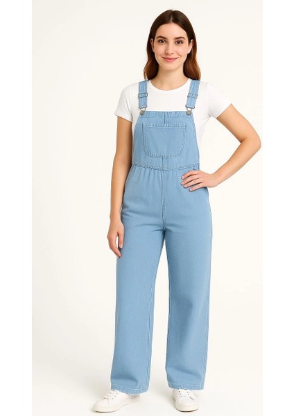 Kadın Chambray Açık Mavi Denim Görünümlü Geniş Paça Salopet Tulum - Mavi -Vlmr modelleri