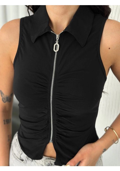 Yakalı Tam Fermuarlı Kolsuz Bluz - Siyah -Vlmr