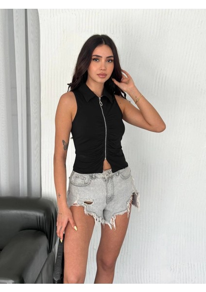 Yakalı Tam Fermuarlı Kolsuz Bluz - Siyah -Vlmr modelleri