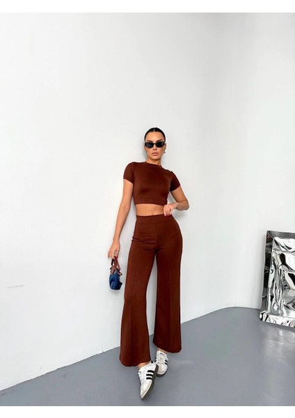 Osy Modal Yumuşak Dokulu Kumaş Kısa Kollu Crop Alt Ispanyol Paça Pantalon Ikili Takım - Kahverengi -Vlmr