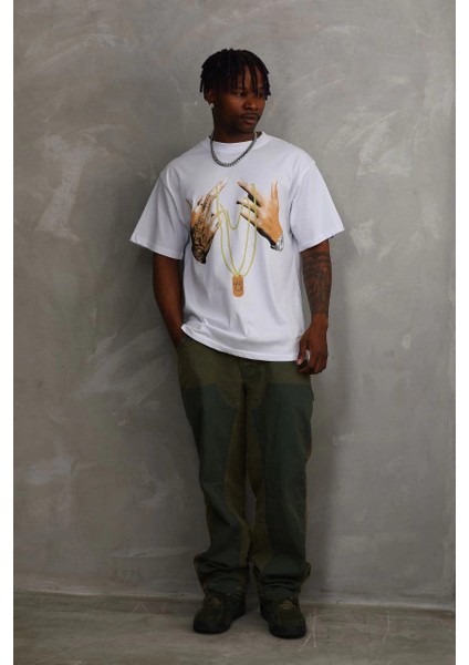 Unisex Baskılı Oversize T-Shirt - Beyaz -Vlmr modelleri