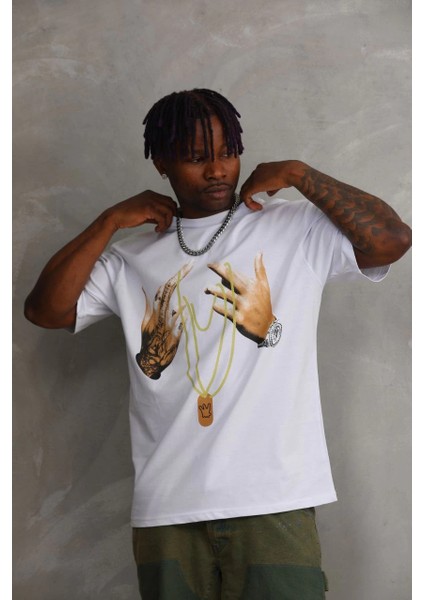 Unisex Baskılı Oversize T-Shirt - Beyaz -Vlmr fırsatları