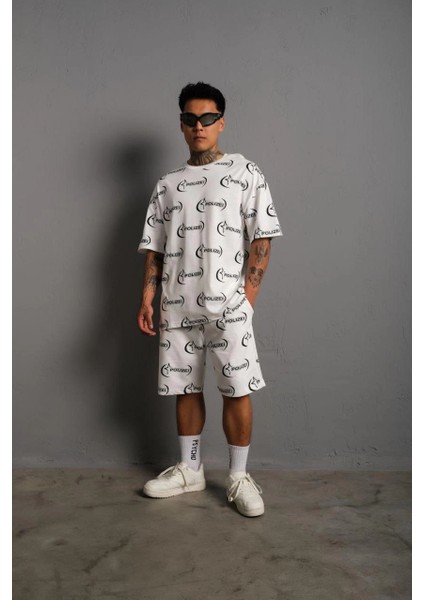 Erkek Baskılı Ikili Şortlu Takım - Beyaz -Vlmr