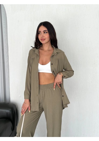 Yakalı Düğmeli Uzun Kollu Gömlek Pantolon Ikili Takım - Bej -Vlmr
