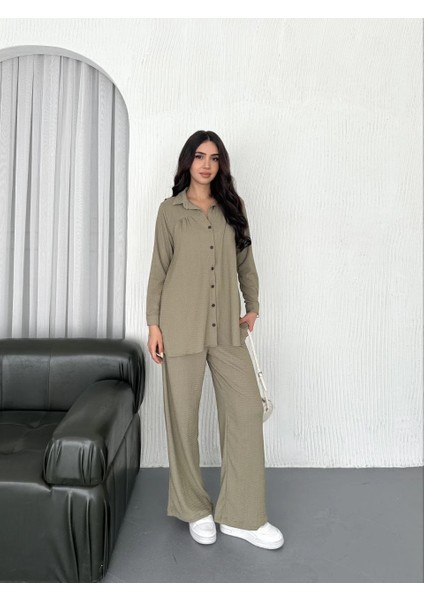 Yakalı Düğmeli Uzun Kollu Gömlek Pantolon Ikili Takım - Bej -Vlmr fırsatları