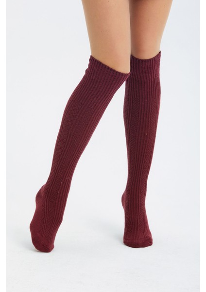 Diz Üstü Dikişsiz Yünlü Çorap Kahverengi