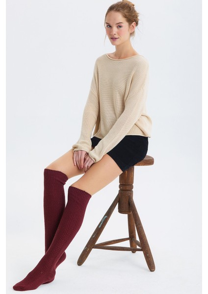 Diz Üstü Dikişsiz Yünlü Çorap Kahverengi fiyatları
