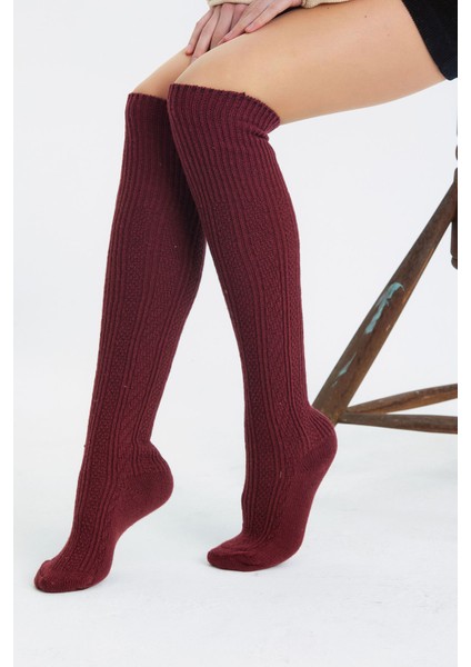 Diz Üstü Dikişsiz Yünlü Çorap Kahverengi modelleri