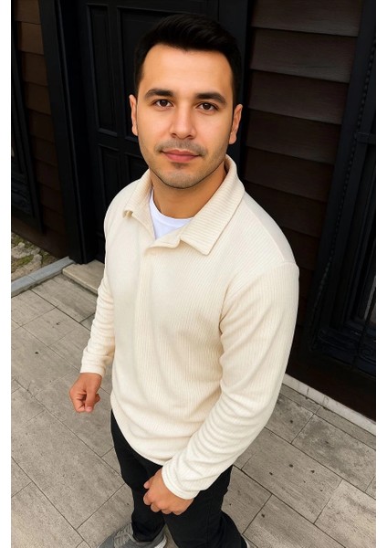 Erkek Fitilli Polar Sweatshirt – Düğmesiz Polo Yaka, Oversize Rahat Kalıp, Kalın Polar Kumaş, Kışlık ve Baharlık Şık Günlük Üst - Beyaz