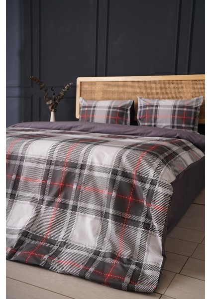 Çift Kişilik %100 Pamuk Nevresim Takımı Gri Ekose