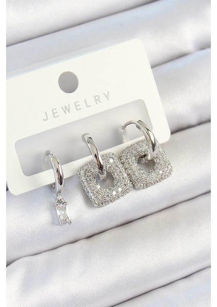 Pirinç Zirkon Taşlı Kare Model Gümüş Renk 3'lü Çift Kadın Küpe Set