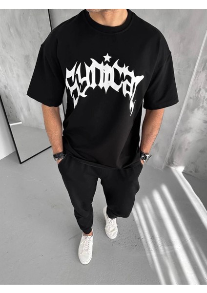 Unisex Bisiklet Yaka Baskılı Oversize T-Shirt - Siyah -Vlmr