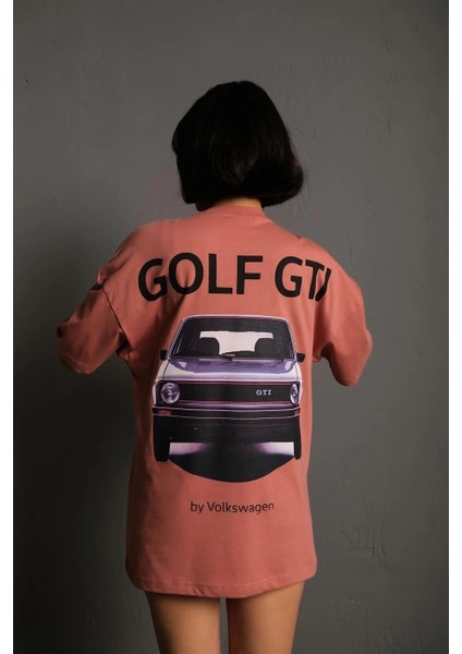 Kadın Oversize Baskılı Tişört - Golf Gtı Retro Araba Desenli,gül Kurusu -Vlmr modelleri