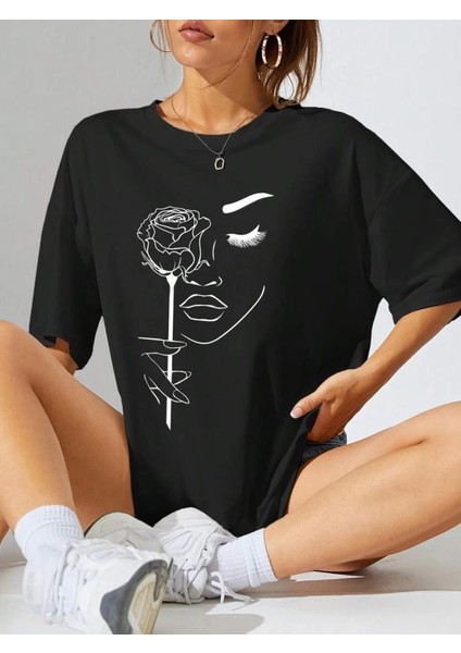 Kadın Baskılı Oversize T-Shirt - Siyah -Vlmr