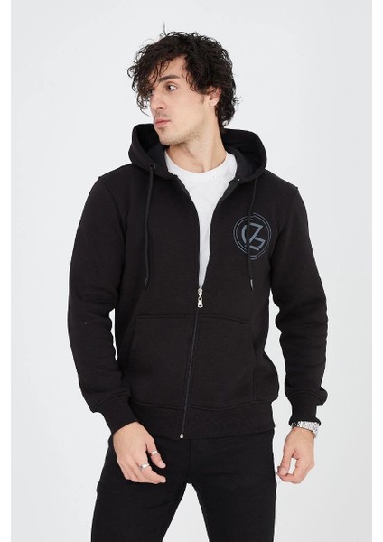 Erkek Kapüşonlu Baskılı Fermuarlı Hırka - Siyah -Vlmr fiyatları