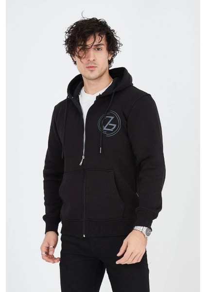 Erkek Kapüşonlu Baskılı Fermuarlı Hırka - Siyah -Vlmr modelleri