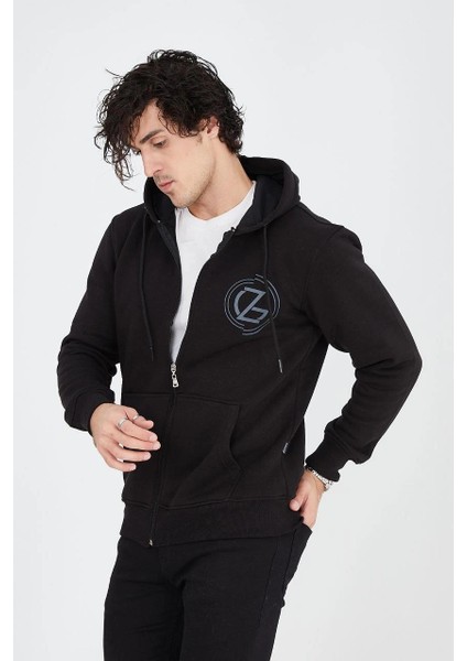 Erkek Kapüşonlu Baskılı Fermuarlı Hırka - Siyah -Vlmr fırsatları
