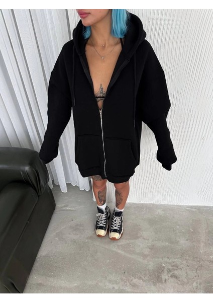 Oversize Tam Fermuarlı Uzun Kol Hırka - Siyah -Vlmr