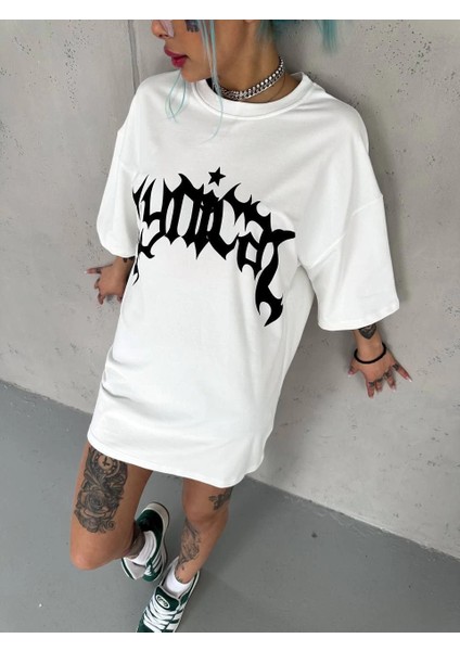 Unisex Bisiklet Yaka Baskılı Oversize T-Shirt - Beyaz -Vlmr
