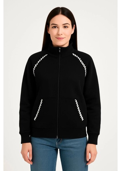 Kadın Oversize Dik Yaka Fermuarlı Sweatshirt - Zincir Nakışli Kanguru Cepli, - Siyah -Vlmr modelleri