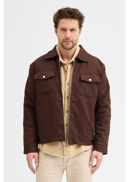 Erkek Gabardin Fermuarlı Çift Cepli Astarlı Workwear Ceket