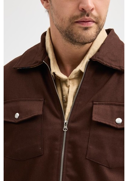 Erkek Gabardin Fermuarlı Çift Cepli Astarlı Workwear Ceket