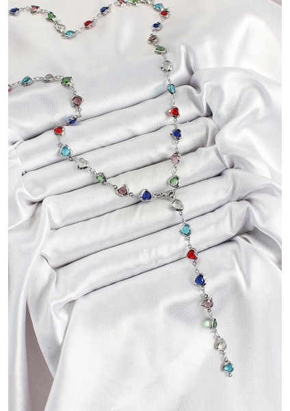 Pirinç Gümüş Renk Karışık Renk Zirkon Taşlı Kalpli Y Kadın Kolye fiyatları