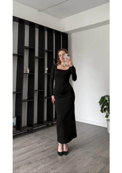 Kare Yaka Uzun Kollu Bodycon Fitilli Kaşkorse Midi/maxi Elbise - Siyah
