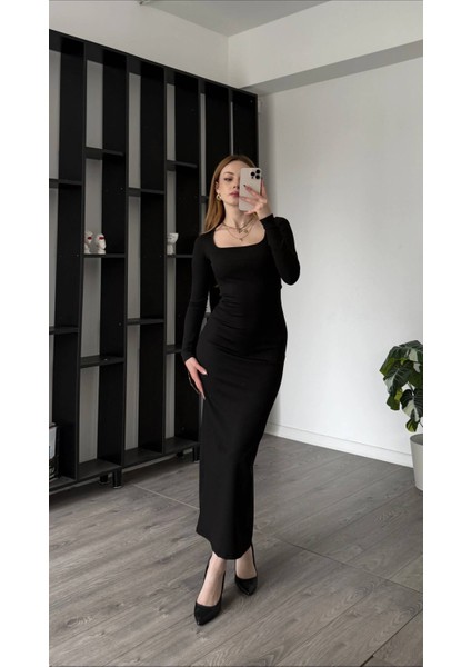 Kare Yaka Uzun Kollu Bodycon Fitilli Kaşkorse Midi/maxi Elbise - Siyah fiyatları