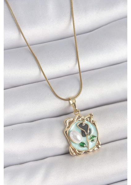 316L Çelik Gold Renk Zincir Mavi Mineli Çiçek Işlemeli Inci Detay Portre Model Kadın Kolye fiyatları