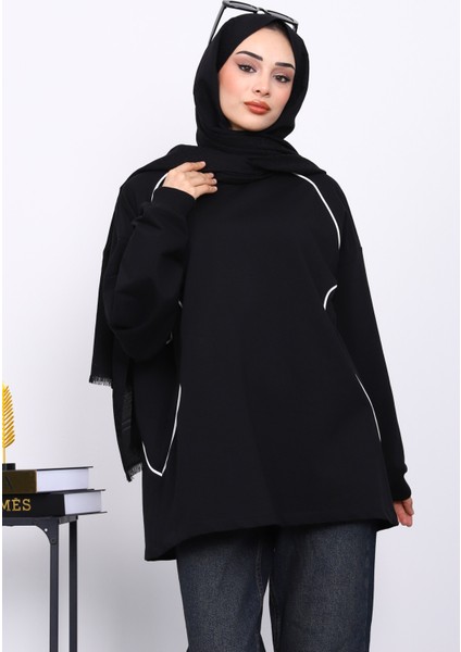 Siyah Biyeli İki İplik Sweatshirt modelleri