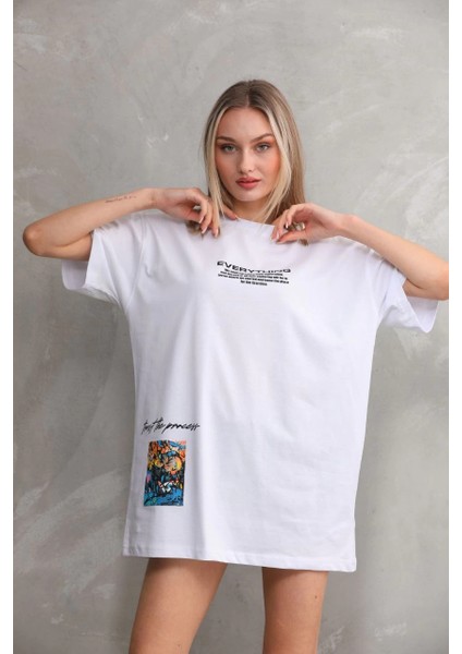 Unisex Bisiklet Yaka Baskılı Oversize T-Shirt - Beyaz -Vlmr