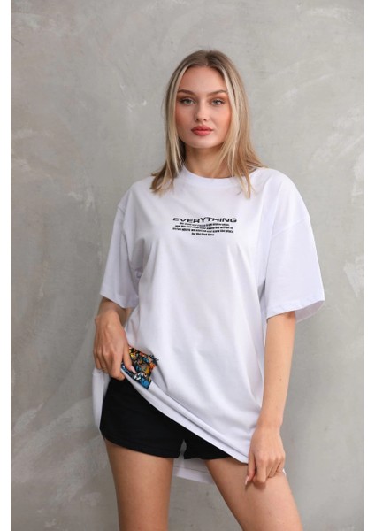 Unisex Bisiklet Yaka Baskılı Oversize T-Shirt - Beyaz -Vlmr fırsatları