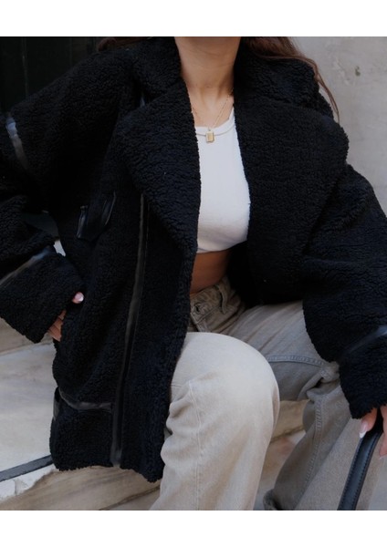 Cıt Cıt Detaylı Peluş Mont Ceket - Siyah -Vlmr