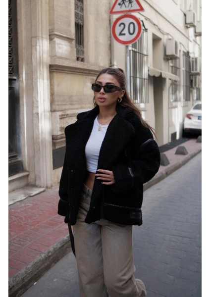 Cıt Cıt Detaylı Peluş Mont Ceket - Siyah -Vlmr modelleri