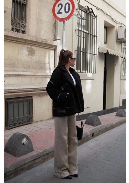 Cıt Cıt Detaylı Peluş Mont Ceket - Siyah -Vlmr fırsatları