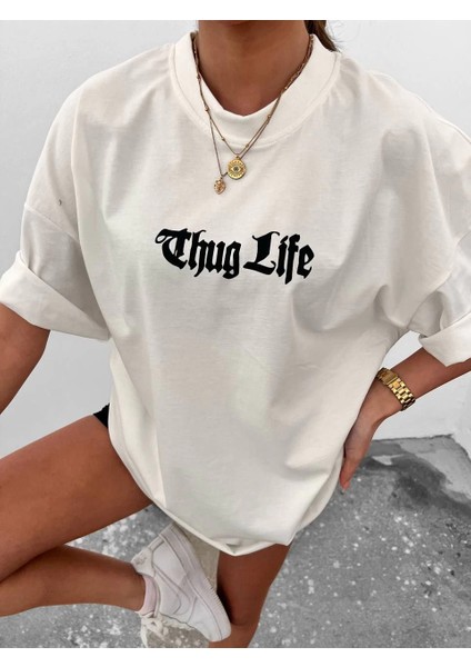 Unisex Bisiklet Yaka Baskılı Oversize T-Shirt - Beyaz -Vlmr