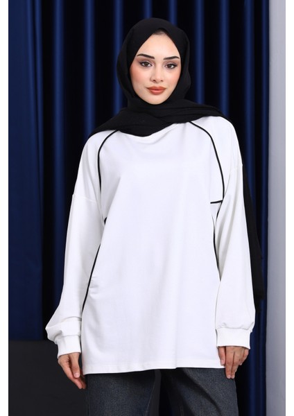 Ekru Biyeli İki İplik Sweatshirt