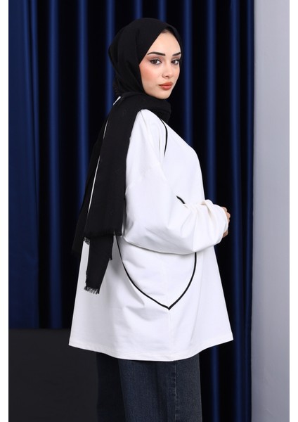 Ekru Biyeli İki İplik Sweatshirt modelleri