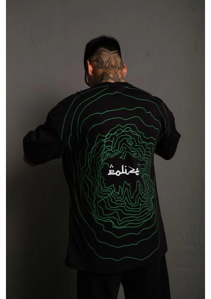 Erkek Bisiklet Yakalı Sırt Baskılı Oversize T-Shirt - Siyah -Vlmr