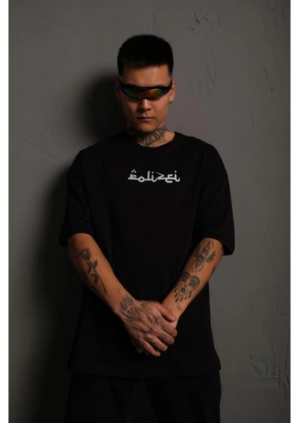 Erkek Bisiklet Yakalı Sırt Baskılı Oversize T-Shirt - Siyah -Vlmr fiyatları