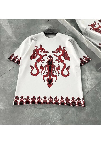 Unisex Bisiklet Yaka Baskılı Oversize T-Shirt - Beyaz -Vlmr