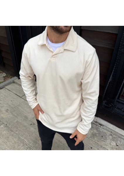 Erkek Fitilli Polar Sweatshirt – Düğmesiz Polo Yaka, Oversize Rahat Kalıp, Kalın Polar Kumaş, Kışlık ve Baharlık Şık Günlük Üst - Beyaz modelleri