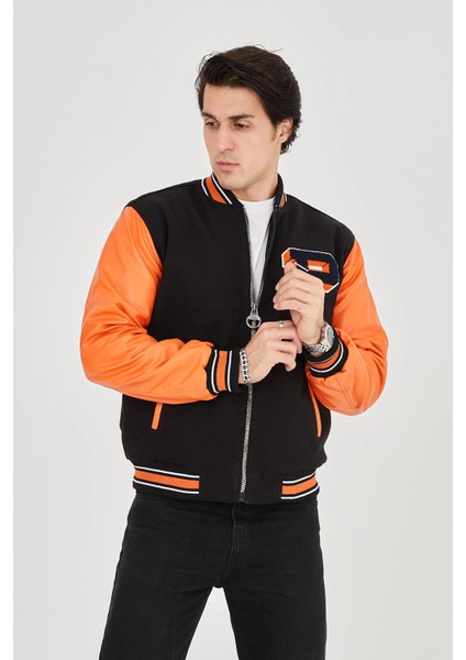 Erkek Içten Elyaf ve Astarlı Kolları Suni Deri Ceket - Turuncu -Vlmr modelleri