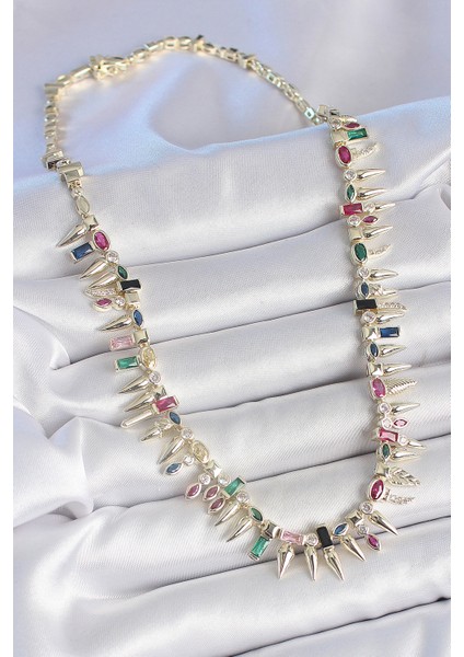 Pirinç Gold Renk Zirkon Taşlı Diken Model Vıp Seri Kadın Kolye